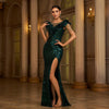 “Elegant Beaded Sequin Evening Gown with High Slit & Round Neck”