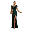 “Elegant Beaded Sequin Evening Gown with High Slit & Round Neck”
