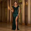 “Elegant Beaded Sequin Evening Gown with High Slit & Round Neck”