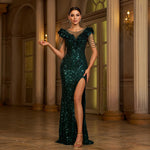 “Elegant Beaded Sequin Evening Gown with High Slit & Round Neck”