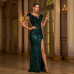 “Elegant Beaded Sequin Evening Gown with High Slit & Round Neck”