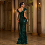“Elegant Beaded Sequin Evening Gown with High Slit & Round Neck”